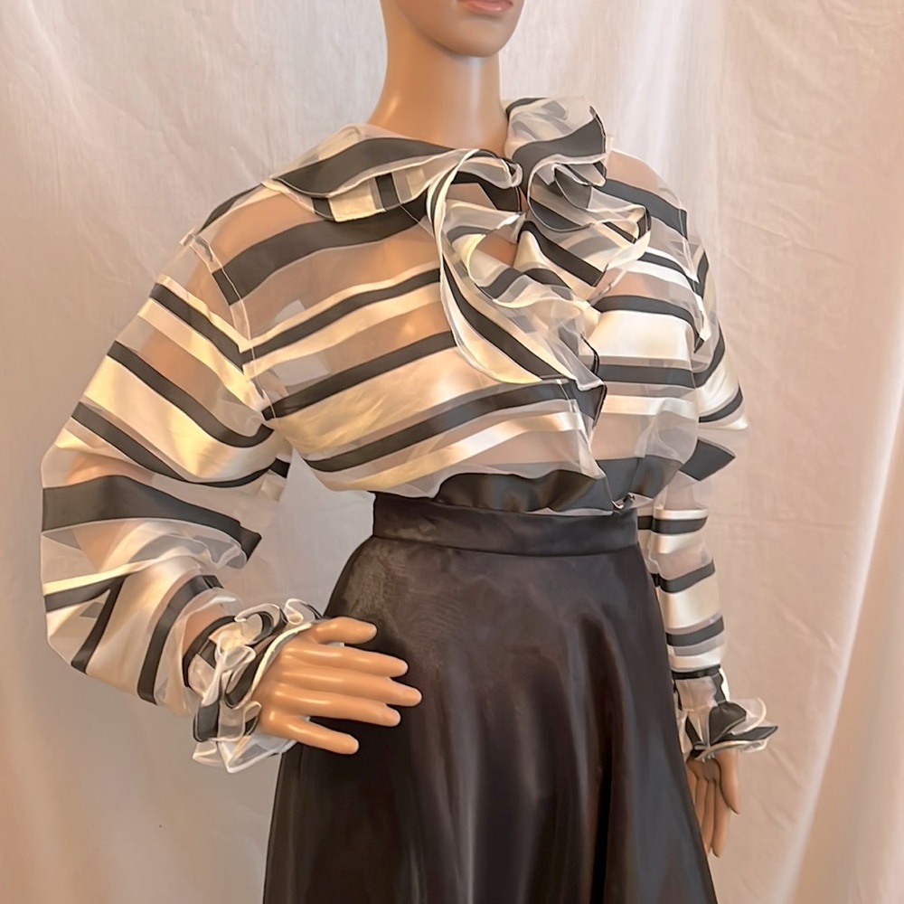 One-of-a-kind dramatic ruffled blouse of sheer satin stripe - Picture 2 of 7